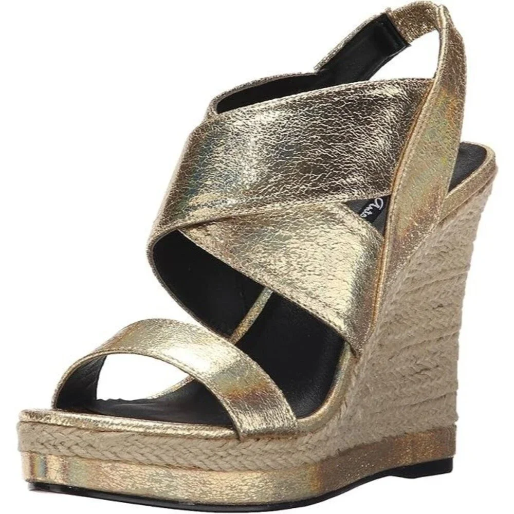Michael Antonio Gerey Met Metallic Gold Strappy Espadrille Open Toe Wedge Size 9